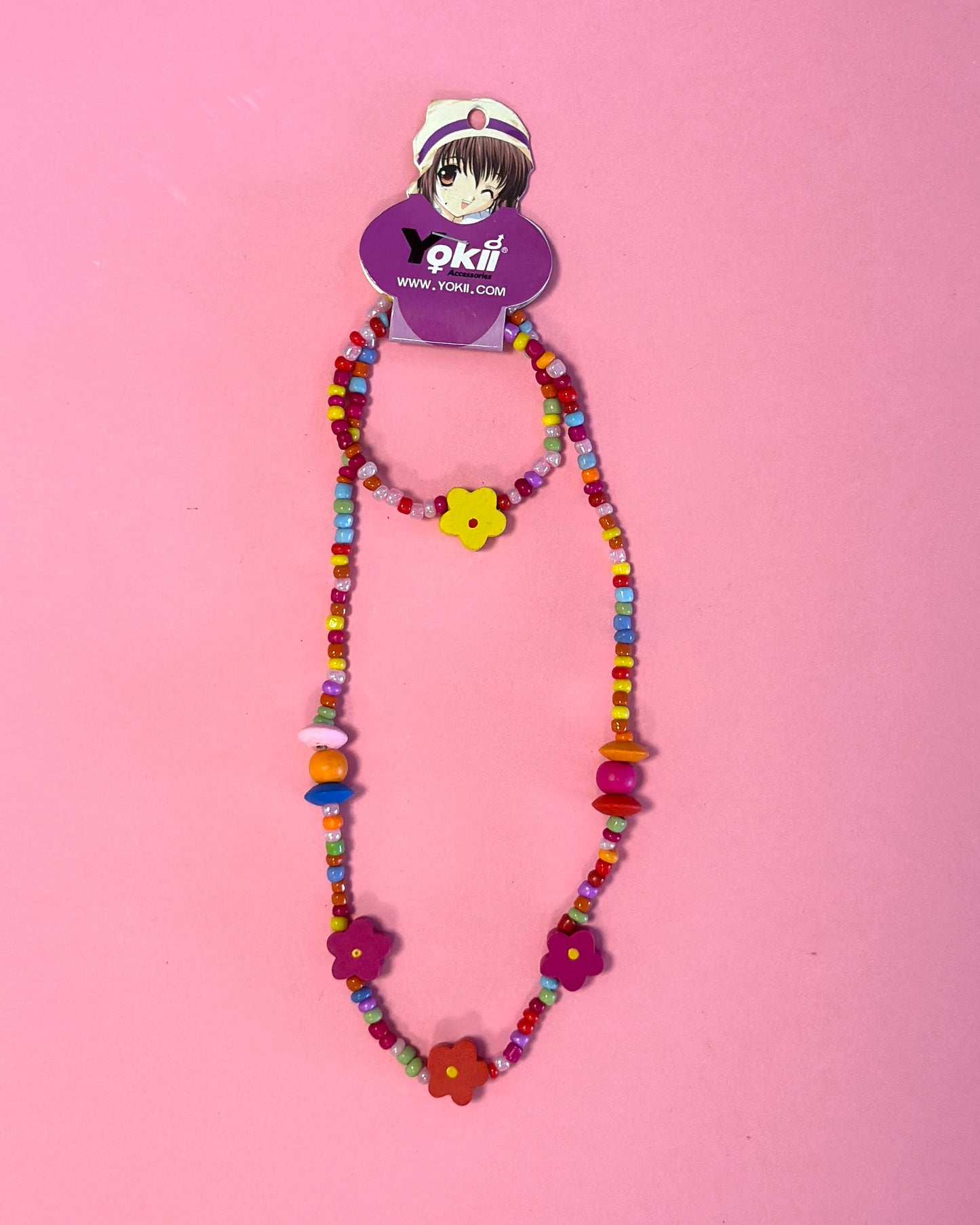 Ensemble collier + bracelet perles en bois | Fleurs Multicolores