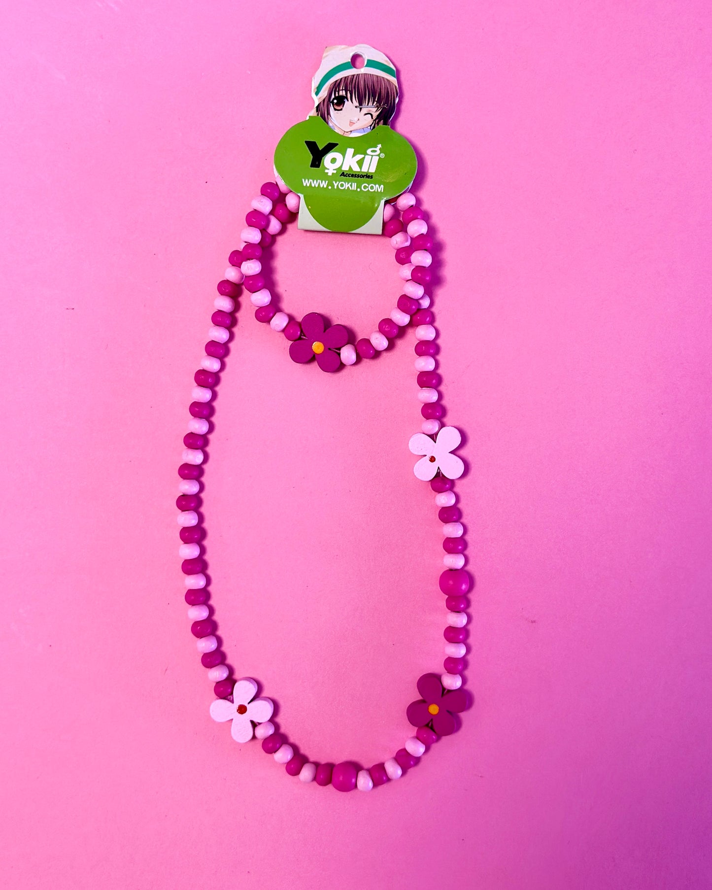 Ensemble collier + bracelet perles en bois | Fleurs Roses