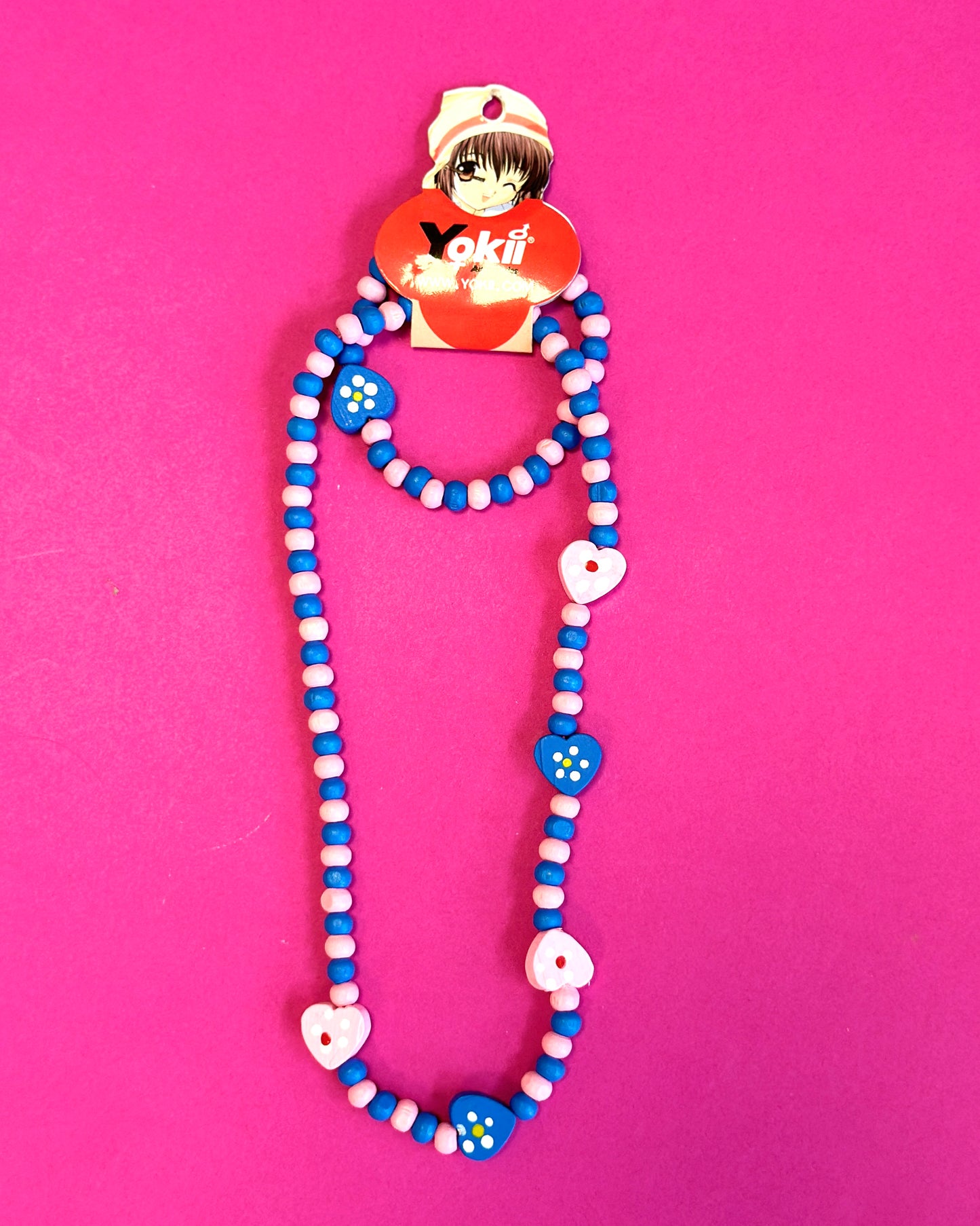 Ensemble collier + bracelet perles en bois | Coeurs Bleus & Roses