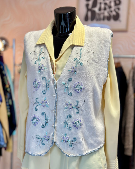 Gilet sans manches blancs à broderies et perles | T. L / XL