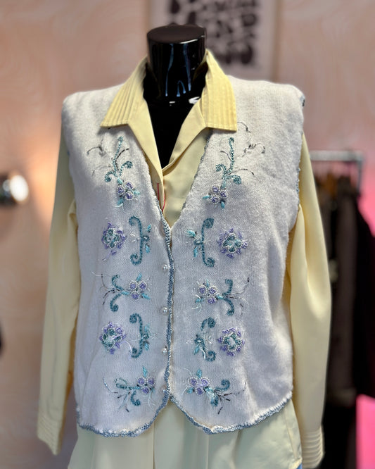 Gilet sans manches blancs à broderies et perles | T. L / XL