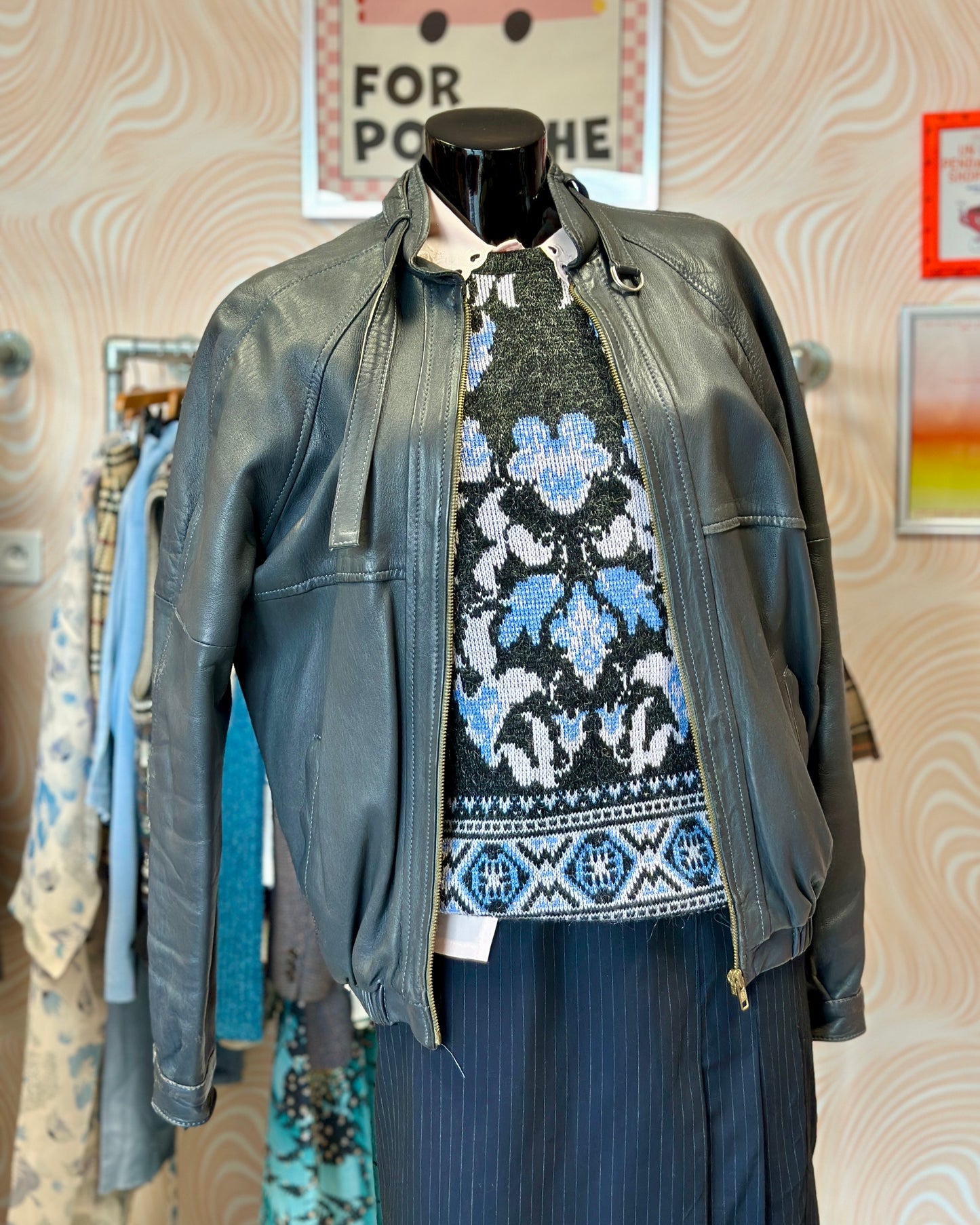 Veste bomber en cuir gris | T. M