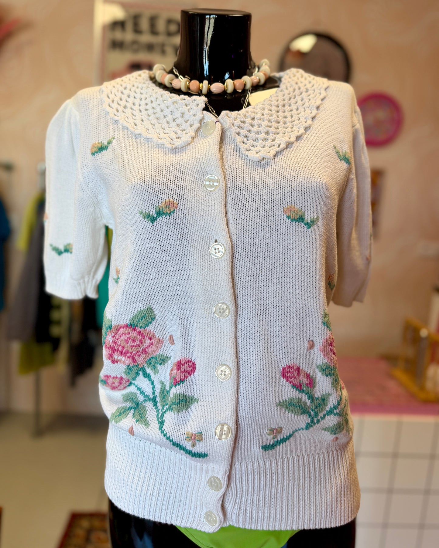 Cardigan manches courtes, brodé | T. M