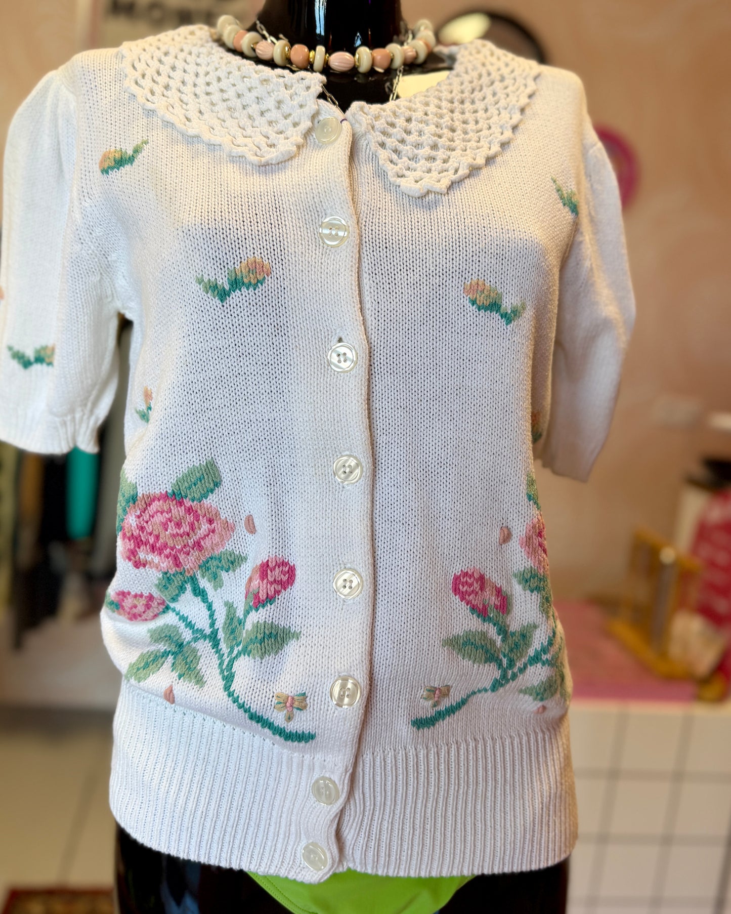 Cardigan manches courtes, brodé | T. M