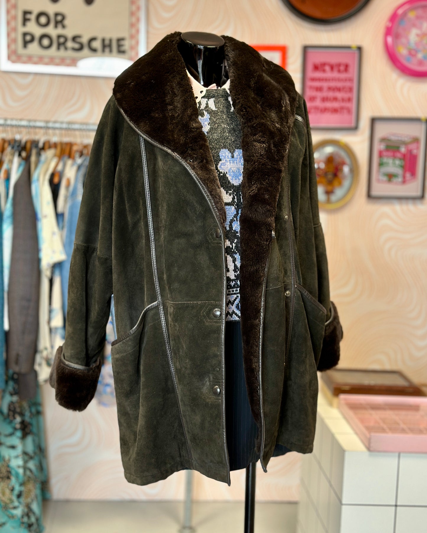 Manteau en cuir kaki | T. XL / XXL