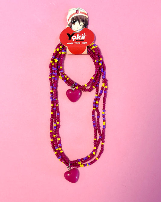 Ensemble collier + bracelet en perles | Charms Coeur Rose