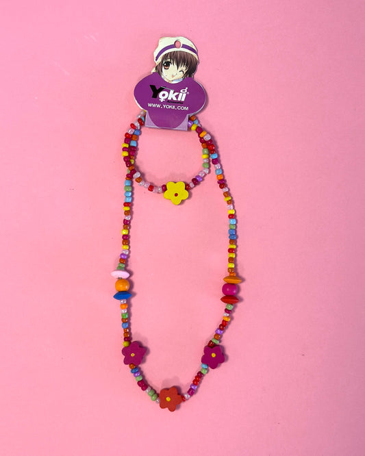 Ensemble collier + bracelet perles en bois | Fleurs Multicolores