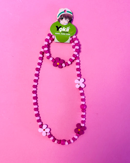 Ensemble collier + bracelet perles en bois | Fleurs Roses