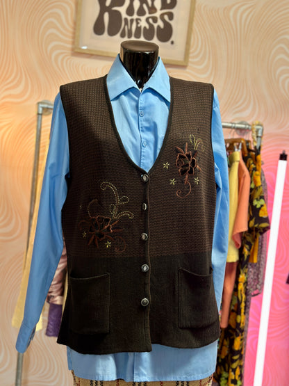 Gilet sans manches marron à broderies | T. XL / XXL