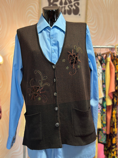 Gilet sans manches marron à broderies | T. XL / XXL