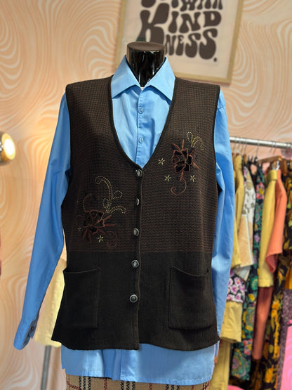 Gilet sans manches marron à broderies | T. XL / XXL