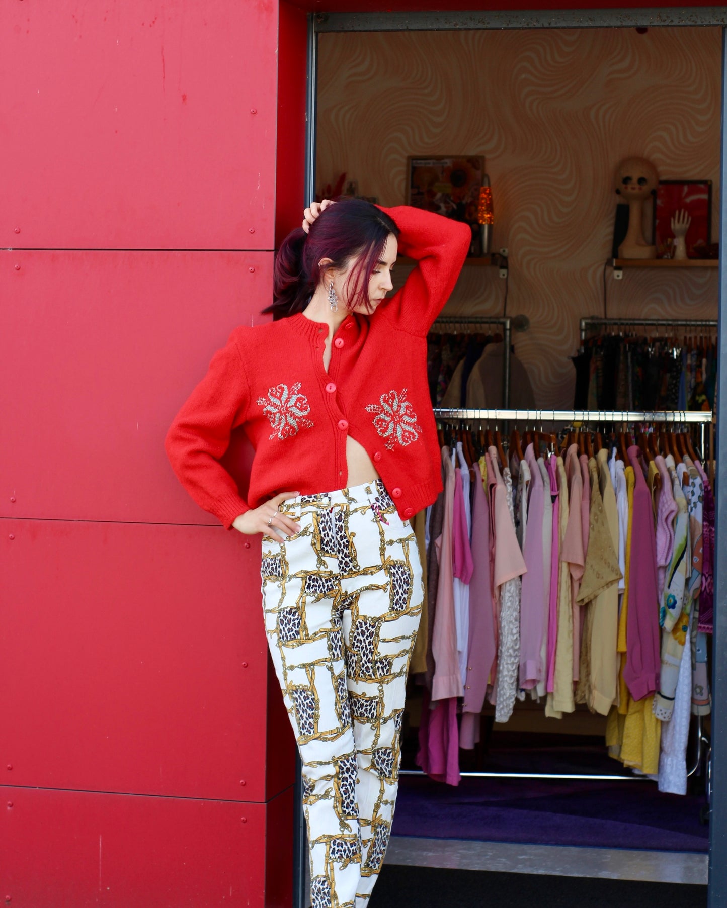 Cardigan rouge à fleurs argentées | T. S - M