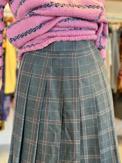 Jupe plissée mi-longue grise à carreaux | T. 32 / 34