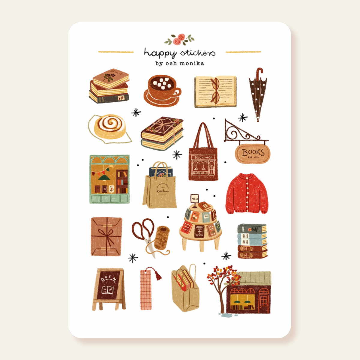 Planche d'autocollants A6 - Librairie pluvieuse