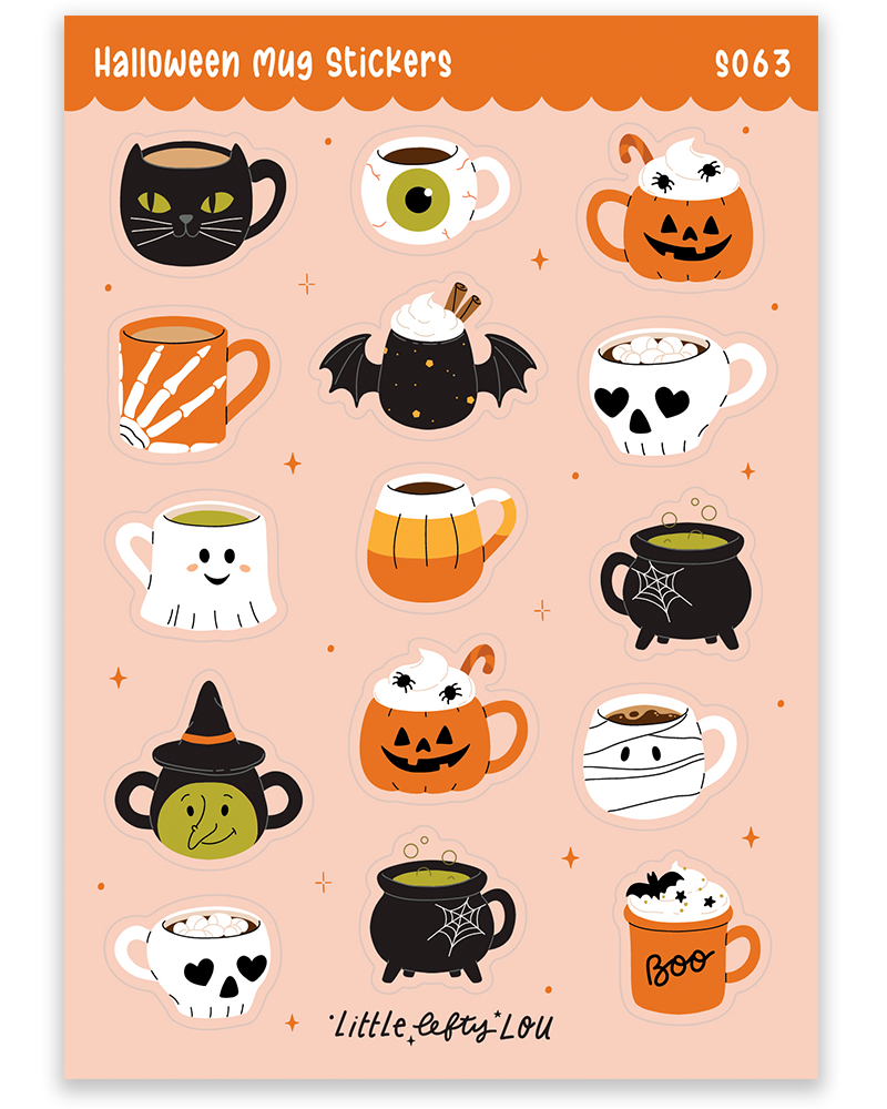 Planche d'autocollants A6 - Tasses d'Halloween