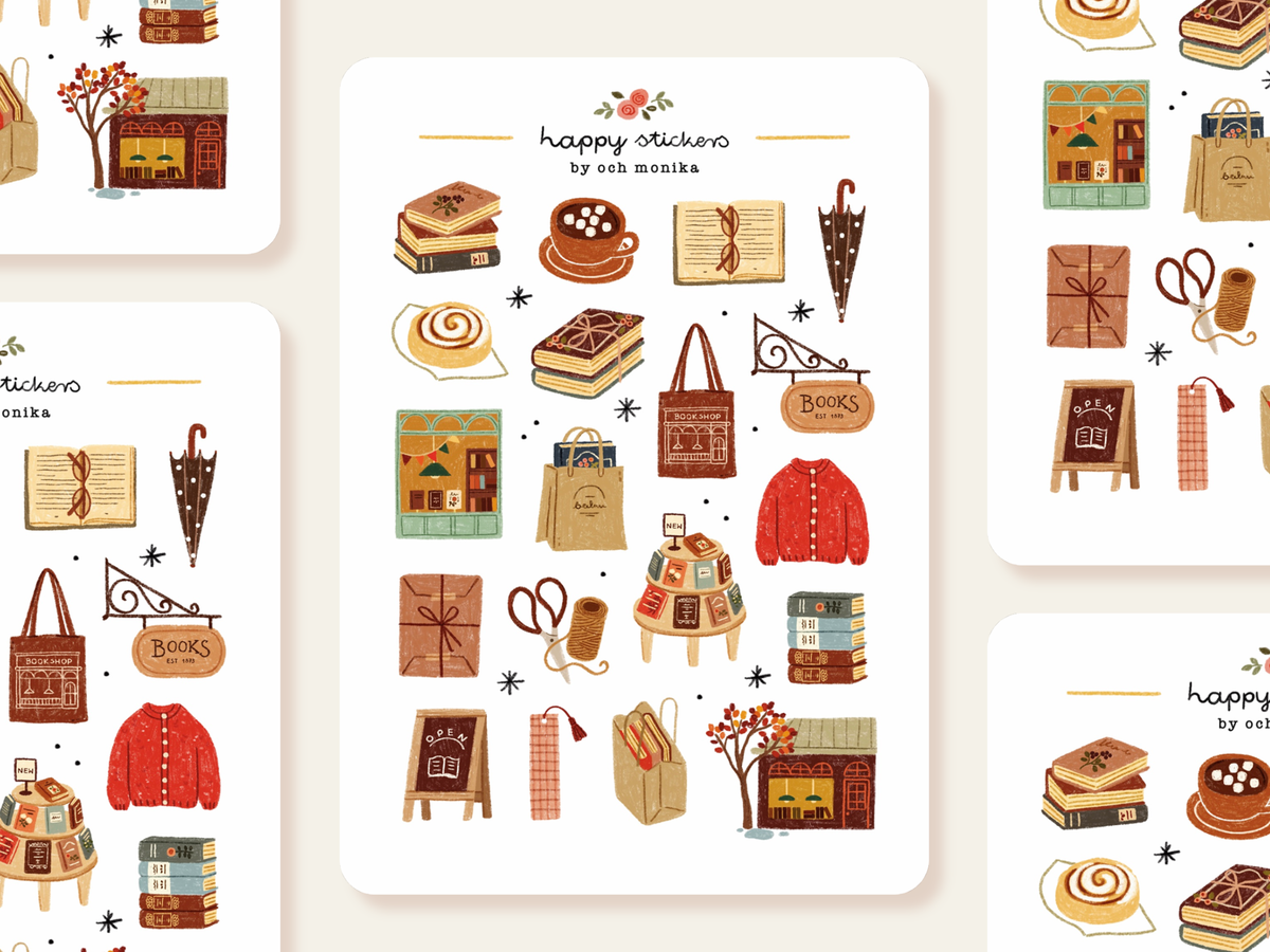 Planche d'autocollants A6 - Librairie pluvieuse