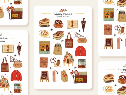Planche d'autocollants A6 - Librairie pluvieuse