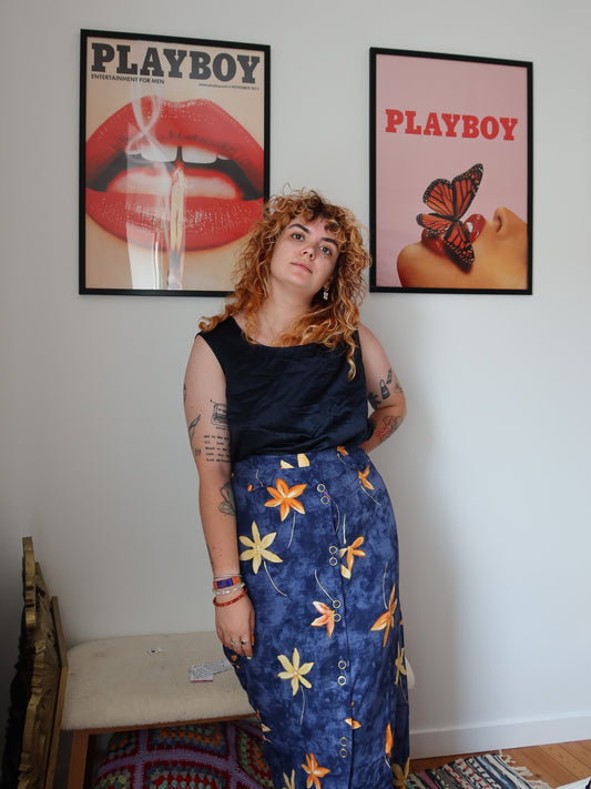 Jupe bleu boutonnée à fleurs | XL